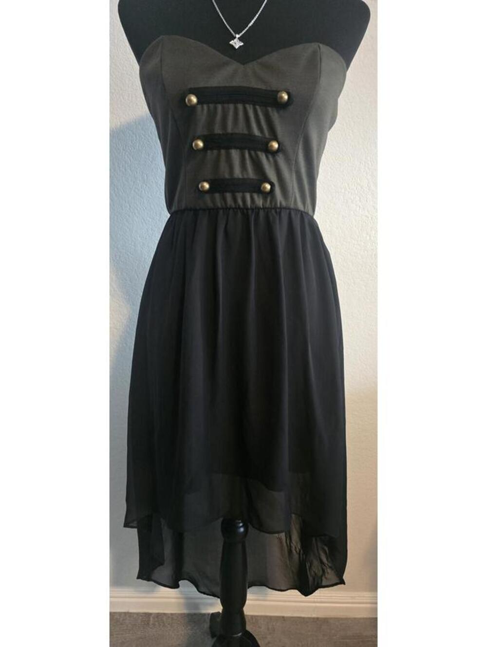 Strapless High-Low Dress with Button Detail